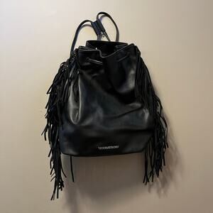 Victoria’s Secret Black Faux Leather Fringe Backpack Boho Shoulder Bag‎